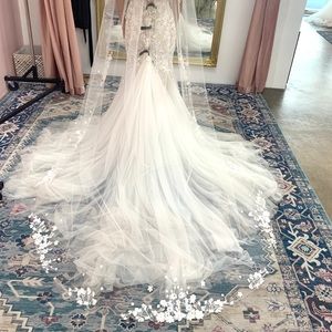 Bridal ivory cathedral veil 3D flower appliqué, crystals and clear comb v7440c